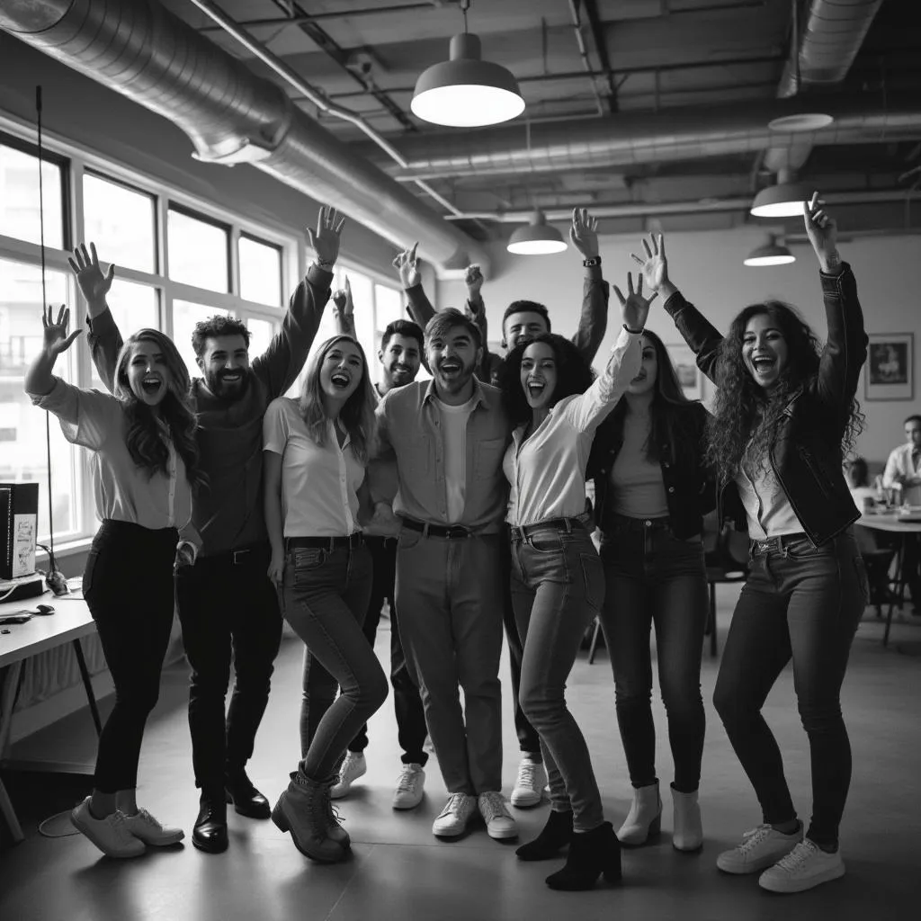 Equipo celebrando un hito importante en la oficina con un ambiente retro.