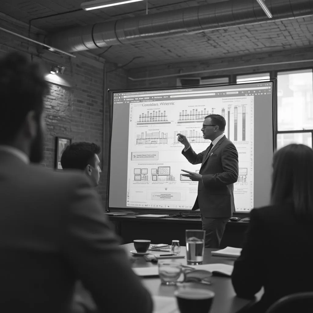 Consultor presentando resultados y estrategias a un cliente en una reunión.