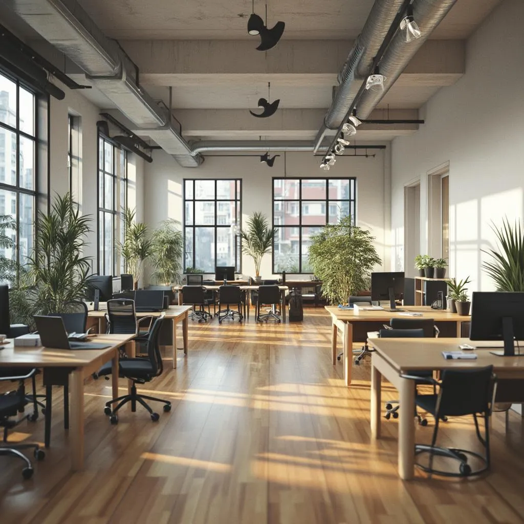 Espacio de oficina moderno y colaborativo con elementos de diseño retro.