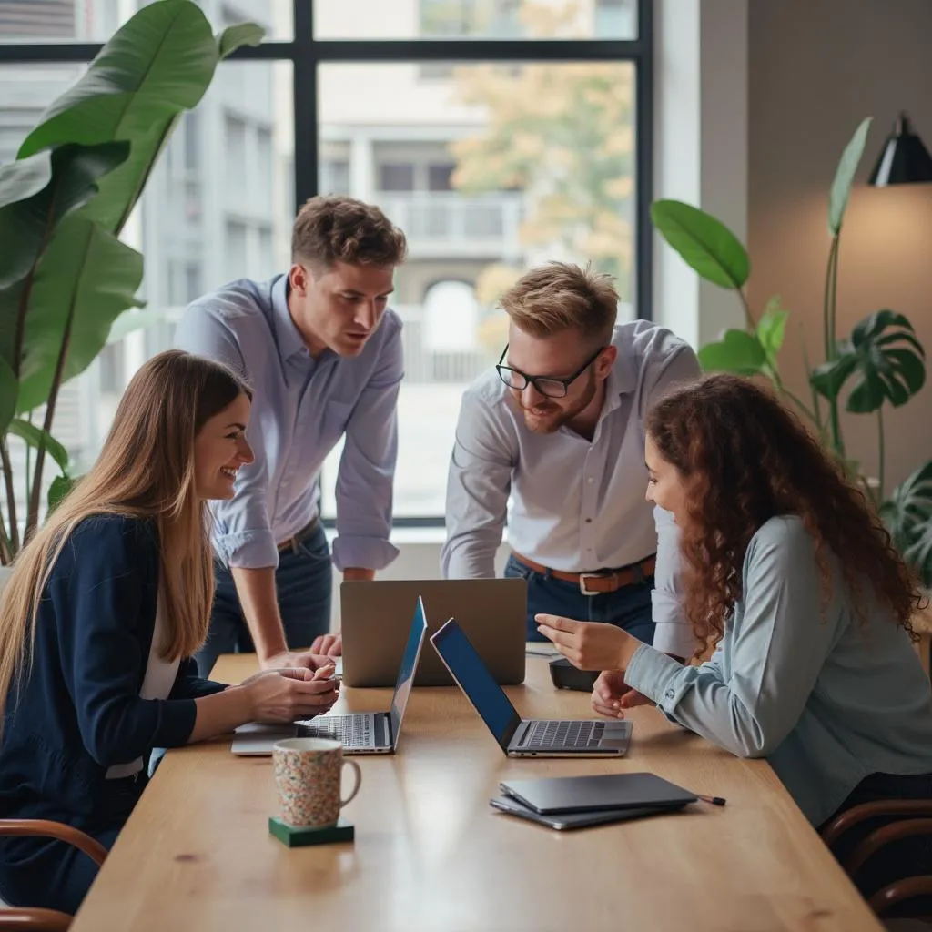 Equipo de consultores colaborando en una estrategia digital para un negocio online.